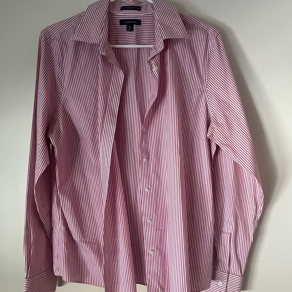 Lands End Men's Red and White Striped Button Down Shirt Size 16